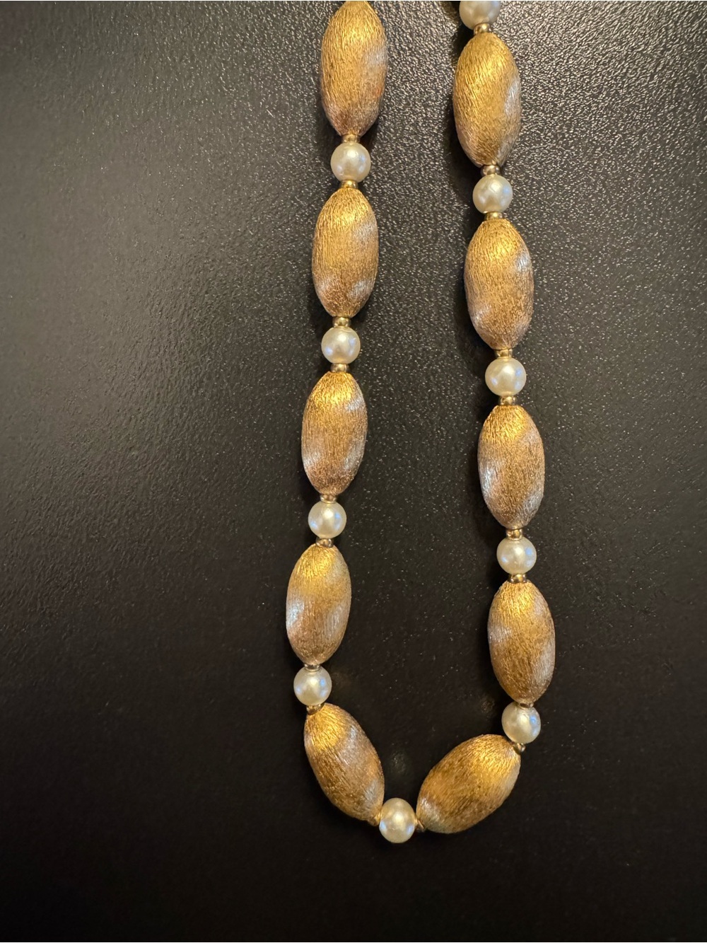 Vintage Napier Gold Tone Textured Oval Bead Faux Pearl Necklace - 15"
